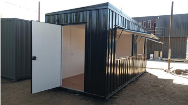 Kiosco Modular 6 x 2,5m. Dos ventanas de atención.